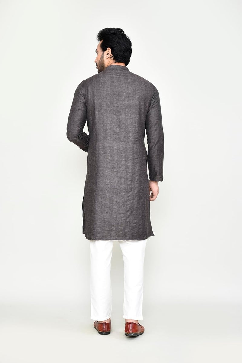 POLY2FAB Men's Cotton Jacquard Striped Kurta with Full Sleeves & Mandarin Collar - Image 2